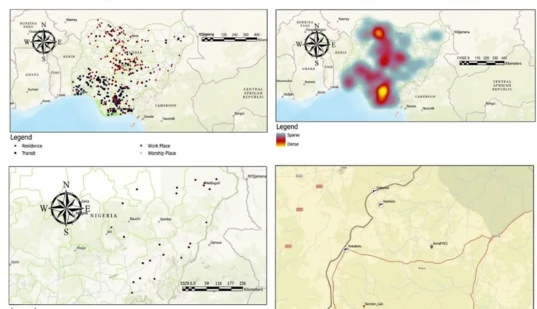 CEFO GIS work showing location points, a density heatmap and route mapping across four map panels.